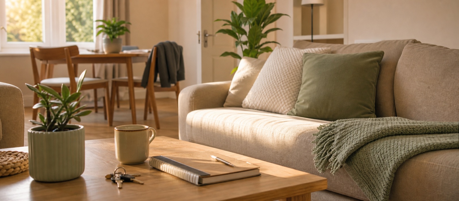 A bright shared living room prepared for a young adult
