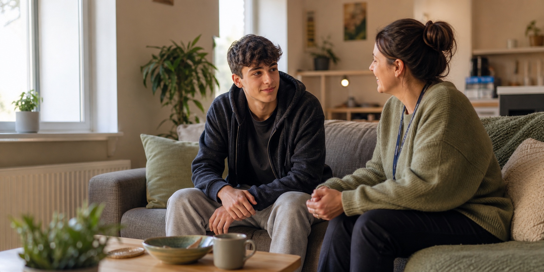 A care leaver aged 16 to 19 talking with a support worker in a calm shared home