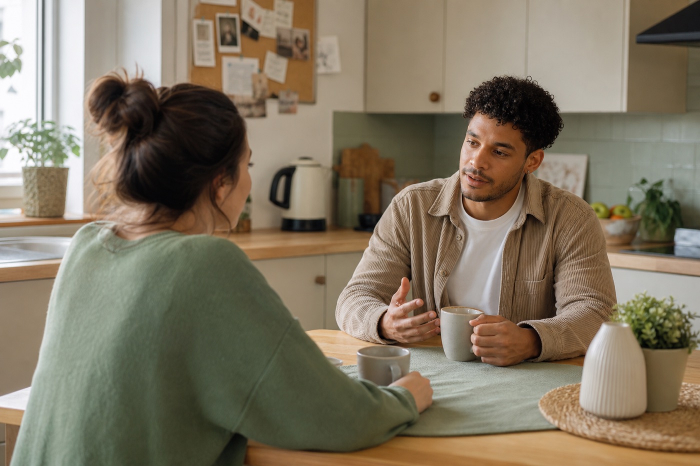 A support worker and young adult talking in a warm kitchen