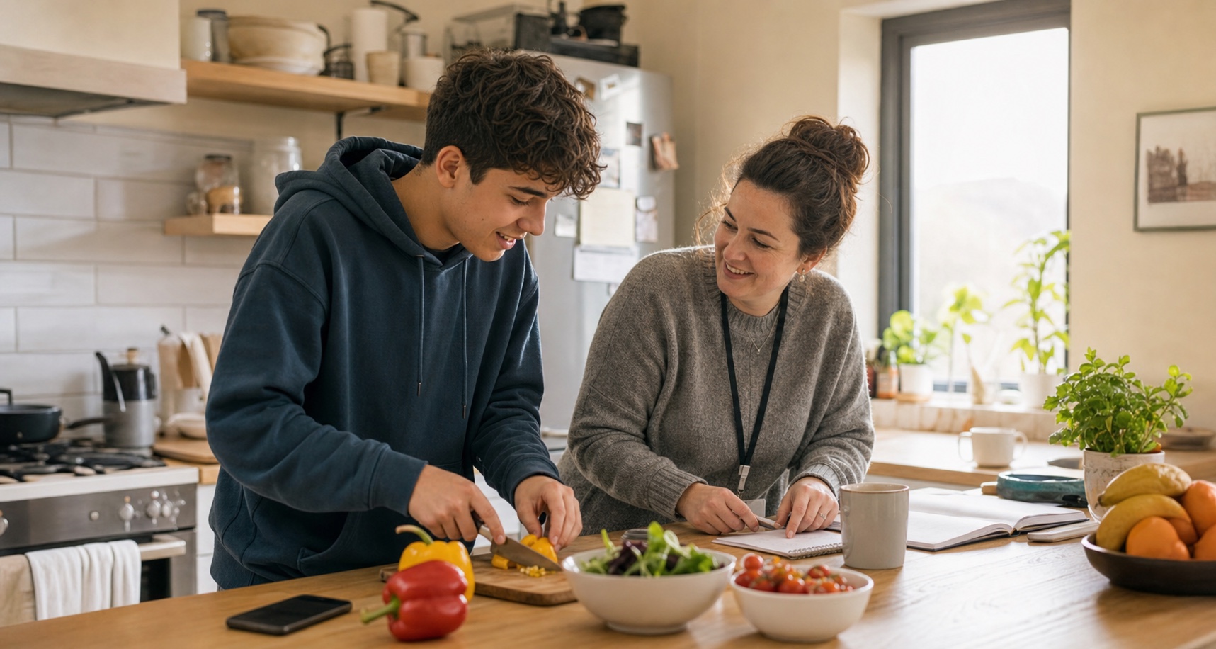 A care leaver aged 16 to 19 preparing food with a support worker in a warm kitchen